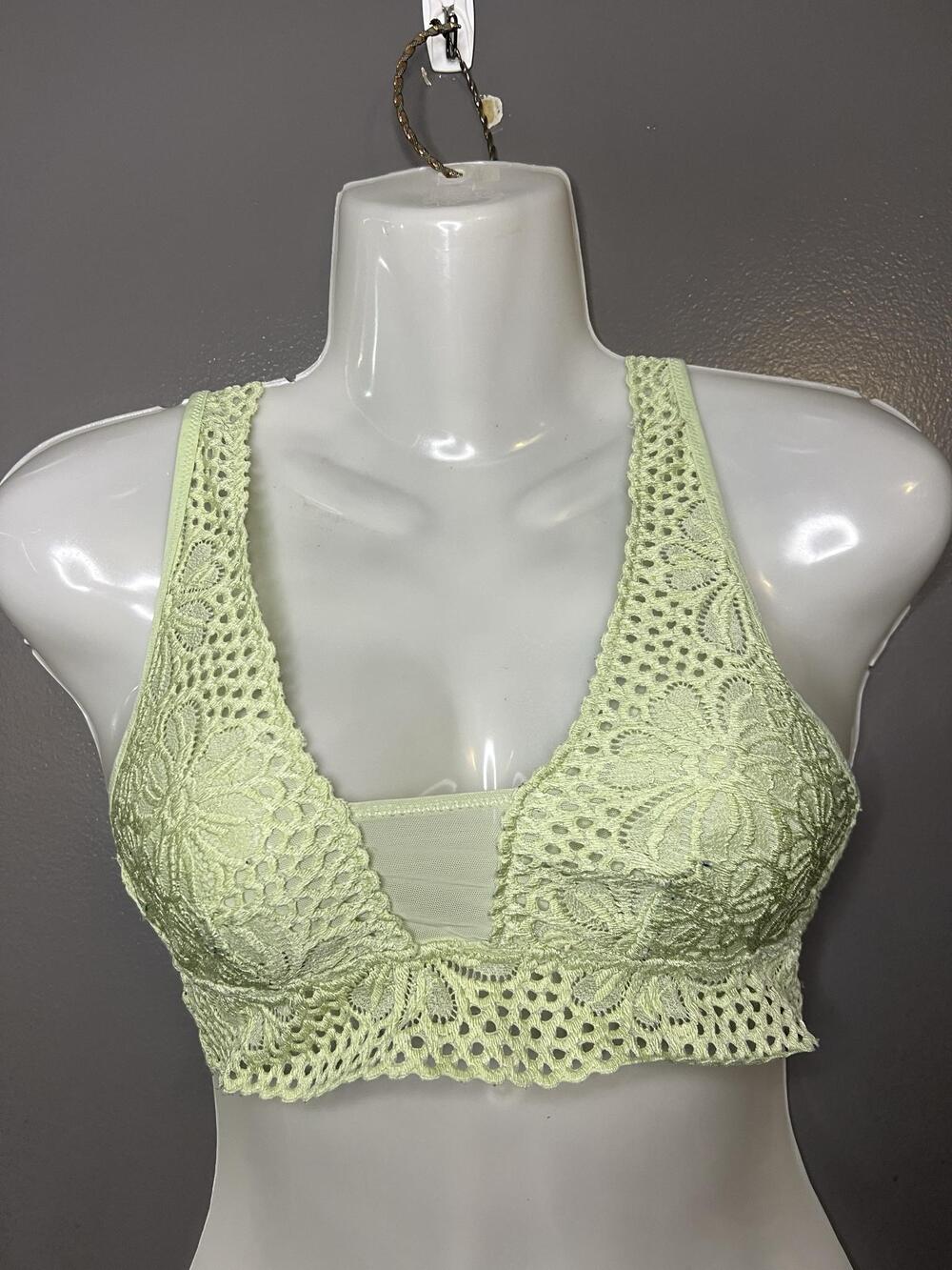 Aerie Bralette Bra Womens Small Green Floral Lace Wireless Lined Longline Soft